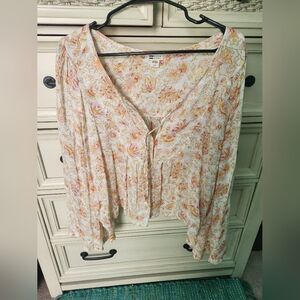 Billabong Flowy Allover Floral Bel Sleeve Peasant Blouse Flawed Size Large